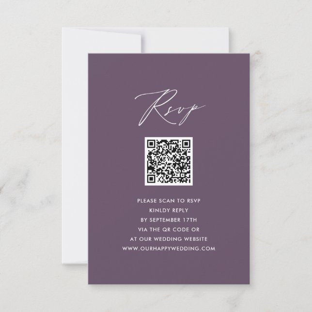 Mauve Elegante Letra Minimalista Boda RSVP QR (Anverso)