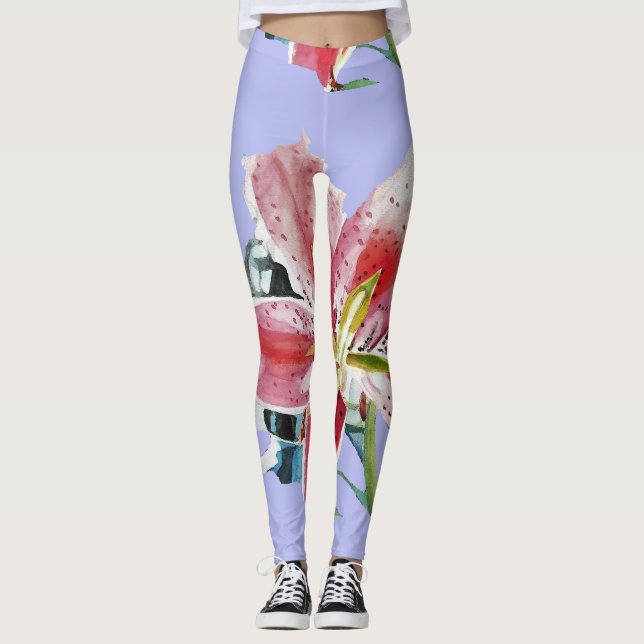 Mauve Lilac Lily floral arte acuarela Leggings (Anverso)