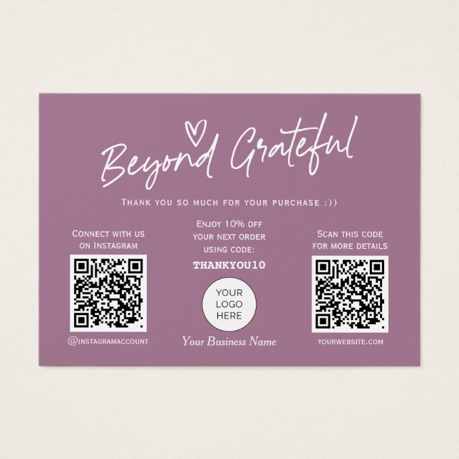 Mauve Modern Script QR code thank you card (Frente)