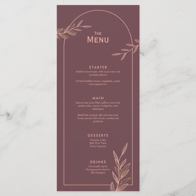Mauve Pink Gold Leaf Boda Event Menu Tarjeta plana (Anverso)