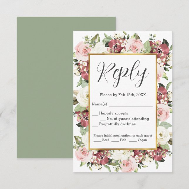 Mauve Pink Green Florines Gold Frame RSVP (Anverso / Reverso)