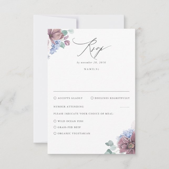 Mauve y Dusty Blue Floral Wedding RSVP (Anverso)