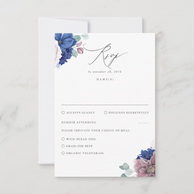 Mauve y la Marina Blue Floral Wedding RSVP (Anverso)