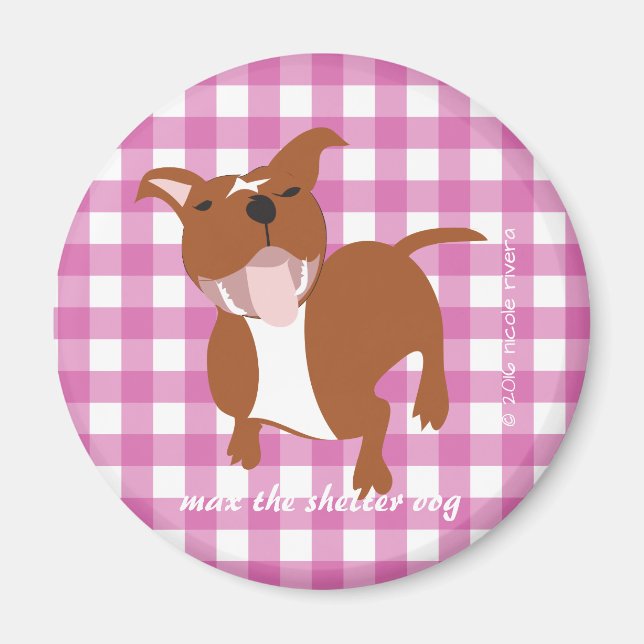 Máximo | Imán redondo rosa de Gingham de 2¼ pulgad (Frente)