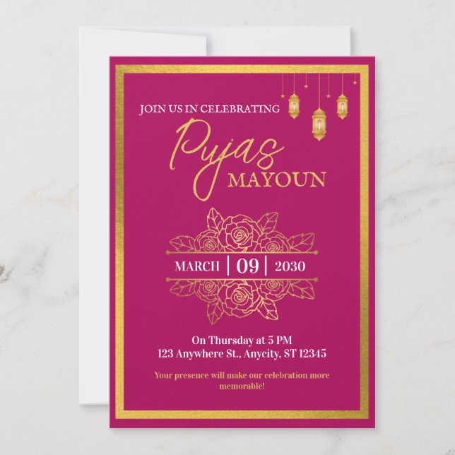 Mayoun Maroon and Gold Puja Invitation (Anverso)
