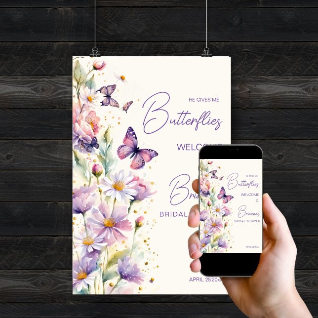 Me da una señal de bienvenida a las mariposas con  (He gives me butterflies purple lavender bridal shower welcome sign editable template digital downloa)