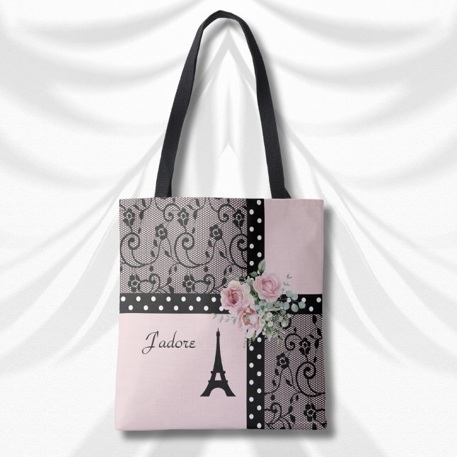 Me encanta la bolsa tote Pink and Black Paris Chic (J'adore Pink and Black Paris Chic Tote Bag)
