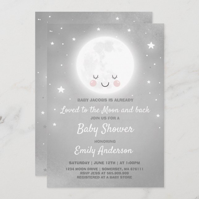 Me Encantó La Invitación De Baby Shower De La Luna (Anverso / Reverso)