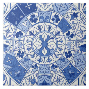 Medallón de roseta de azulejo portugués azul