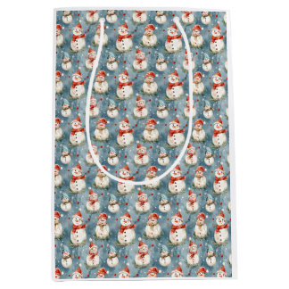 Mediana Acuarela Snowmen en bolsa de regalo azul