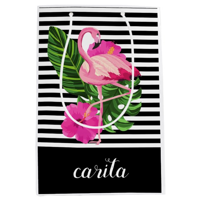 Mediana Bolsa de regalo a rayas Flamingo personalizada (Anverso)