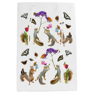 Mediana Bolsa de regalo de ardillas, flores y mariposas