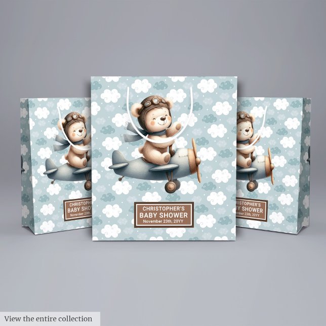 Mediana Bolsa De Regalo De Baby Shower Azul Rústico Con Pi (Rustic Blue Baby Shower Gift Bag With Bear Pilot)