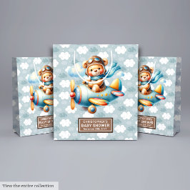 Mediana Bolsa de regalo de Baby Shower de oso marrón azul 