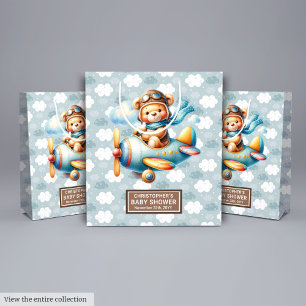 Mediana Bolsa de regalo de Baby Shower de oso marrón azul