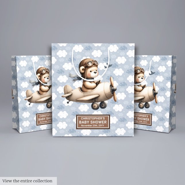 Mediana Bolsa de regalo de Baby Shower de Teddy Bear Vinta (Vintage Airplane Teddy Bear Baby Shower Gift Bag)