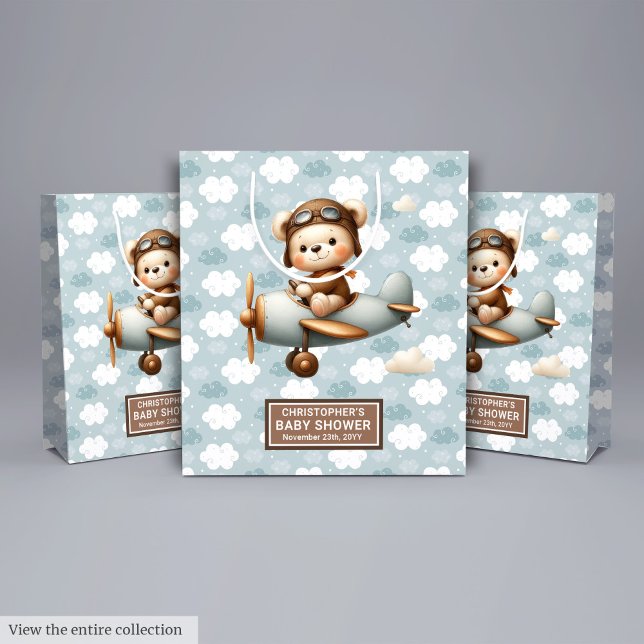 Mediana Bolsa de regalo de Baby Shower monograma con arte  (Personalized Baby Boy Shower Bag With Bear Pilot)