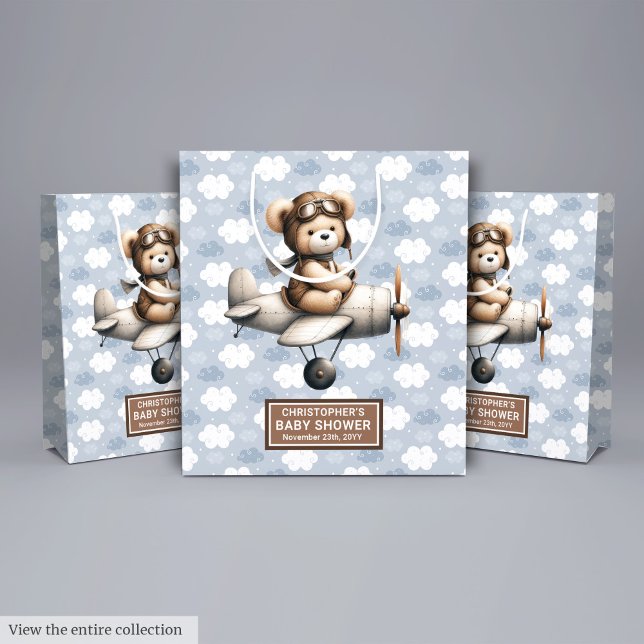 Mediana Bolsa de regalo de Baby Shower para niños con dise (Boy Baby Shower Gift Bag With Flying Bear Design)