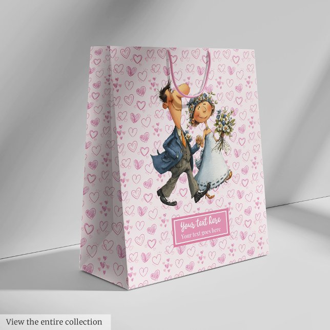 Mediana Bolsa de regalo de boda personalizada Quirky Perso (Custom Wedding Gift Bag Quirky Cartoon Newlyweds)
