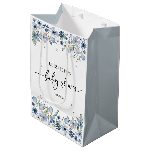 Mediana Bolsa de regalo de Boho Moda Azul Flores Baby Show (Angulo Anverso)