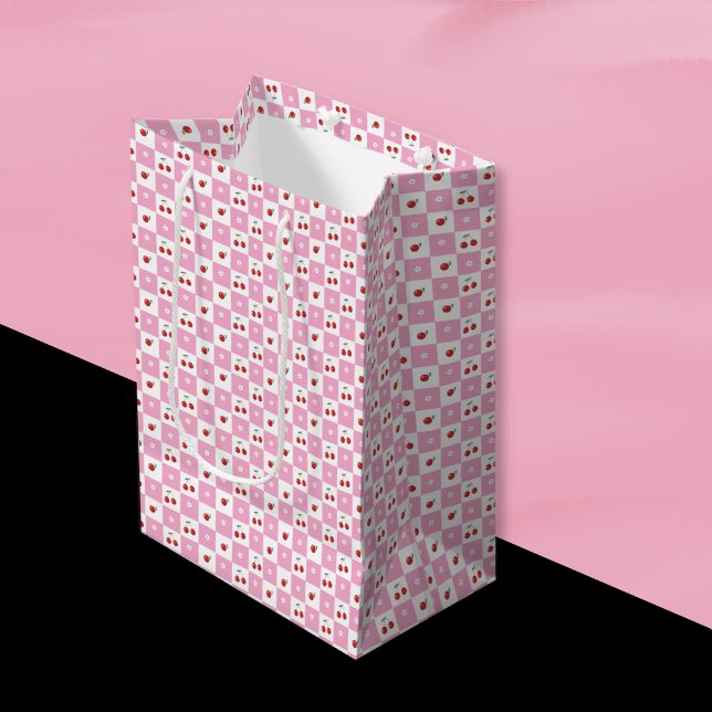Mediana Bolsa de regalo de cerezas con estampado de gingha (Cute pink and white cherry theme gift bag . )