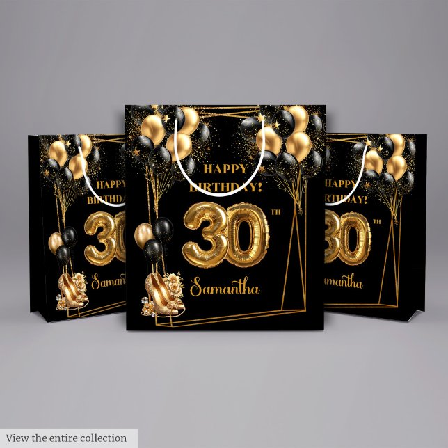 Mediana Bolsa de regalo de cumpleaños 30 personalizada 🎉  (Personalized 30th Birthday Gift Bag Black Gold 🎉)