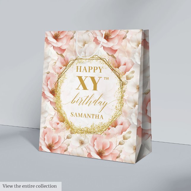 Mediana Bolsa de regalo de cumpleaños de moda Pastel Pink  (Chic Pastel Pink Boho Gold 80 Birthday Gift Bag)