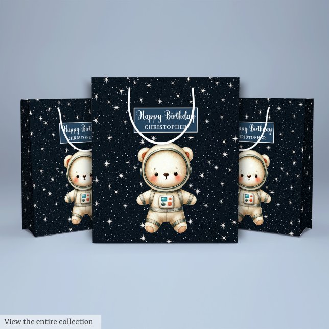 Mediana Bolsa de regalo de cumpleaños de niño astronauta d (Personalized Teddy Astronaut Boy Birthday Gift Bag)