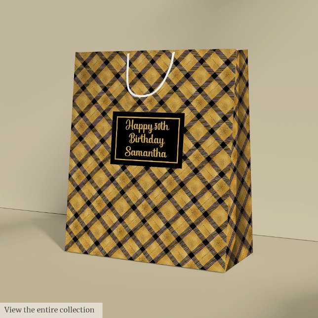 Mediana Bolsa de regalo de cumpleaños personalizada de oro (Elegant Black Gold Personalized Birthday Gift Bag)