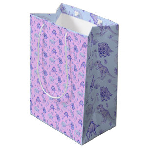 Mediana Bolsa de regalo de dinosaurio rosa, lino, azul y p