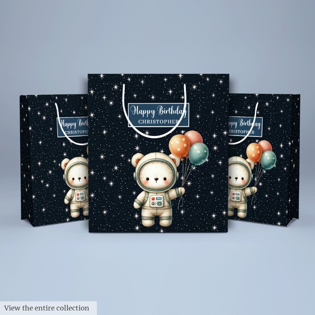 Mediana Bolsa de regalo de Fiesta de oso espacial para niñ (Space Bear Party Gift Bag for Little Birthday Boy)