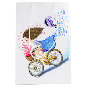 Mediana Bolsa de regalo de niña feliz con bicicleta