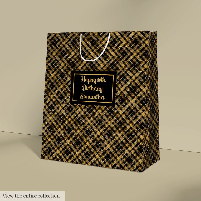 Mediana Bolsa de regalo de oro negro sofisticado con nombr (Sophisticated Black Gold Name Gift Bag)