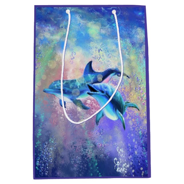 Mediana Bolsa de regalo de pareja de delfines felices (Anverso)