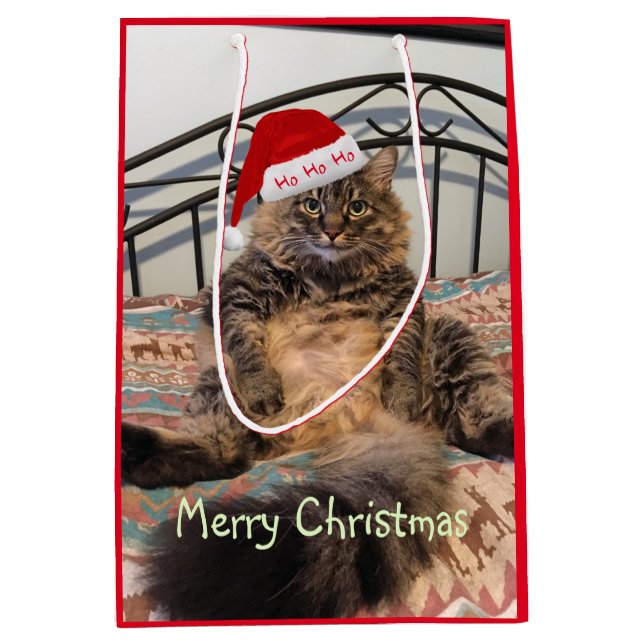 Mediana Bolsa de regalo de Santa Cat Ho Ho Ho Ho Ho (Anverso)
