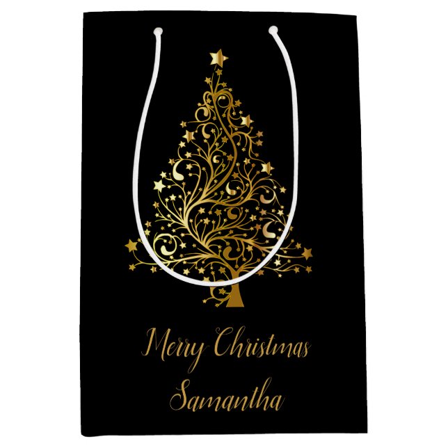 Mediana Bolsa De Regalo Elegante De Árbol De Navidad Negro (Anverso)