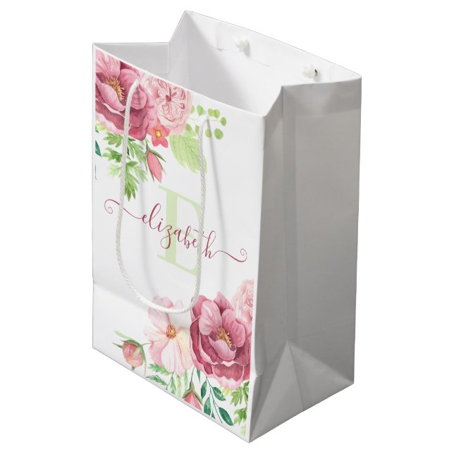 Mediana Bolsa de regalo floral con monograma en acuarela (Angulo Anverso)