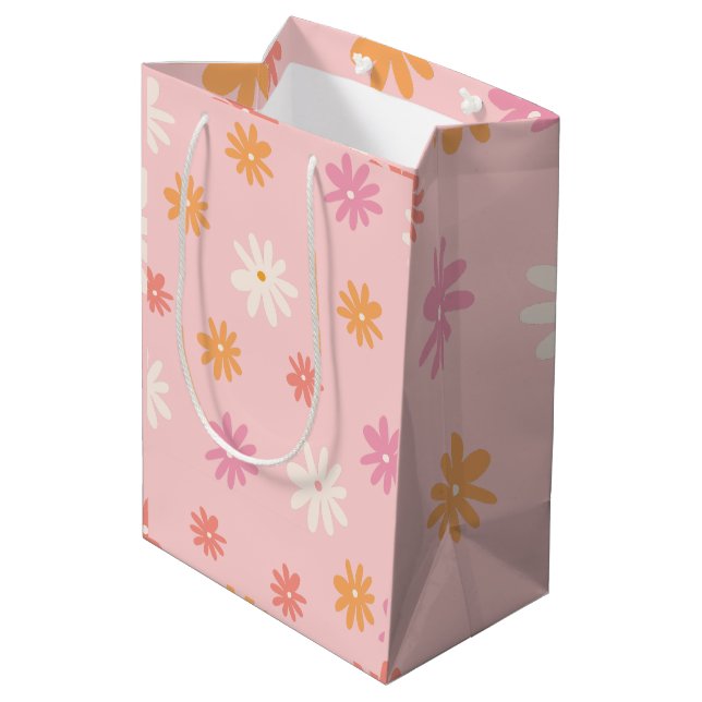 Mediana Bolsa de regalo floral rosa y Naranja retro (Angulo reverso)