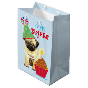 Mediana Bolsa de regalo media de pug de torta de cumpleaño