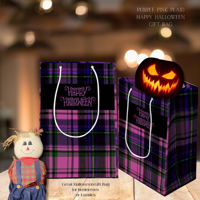 Mediana Bolsa de regalo morado rosado feliz de Halloween (Purple Pink Happy Halloween Plaid Gift Bag)