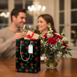 Mediana Bolsa de regalo negra elegante con rosas rojas dib