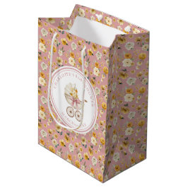 Mediana Bolsa de regalo para baby shower con flores rosada