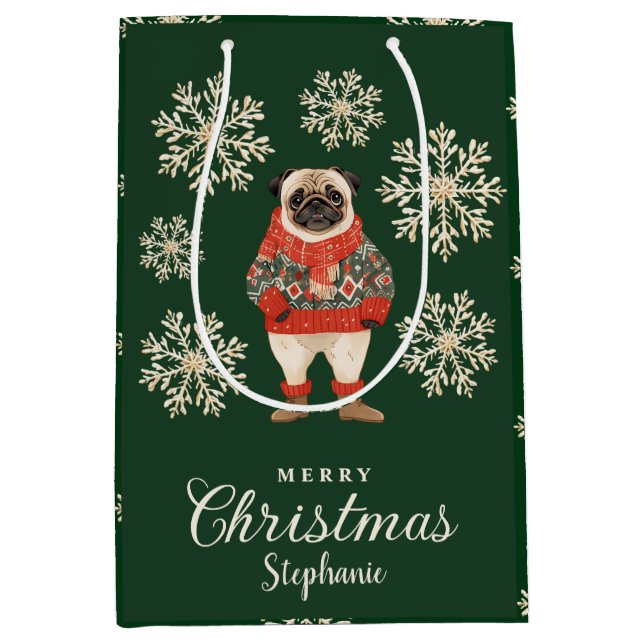 Mediana Bolsa de regalo para los Navidades verdes de Pug D (Anverso)