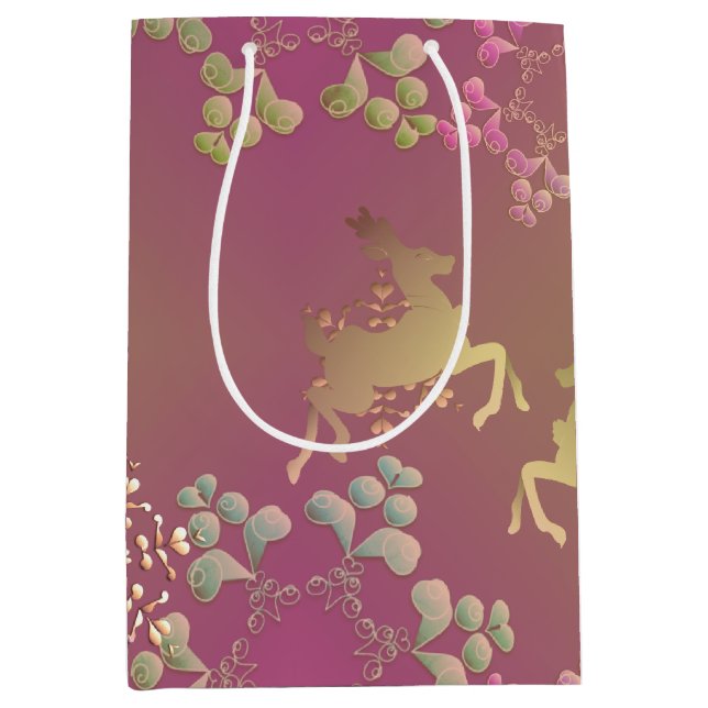 Mediana Bolsa de Regalo Púrpura de Renos y Copos de Nieve (Anverso)