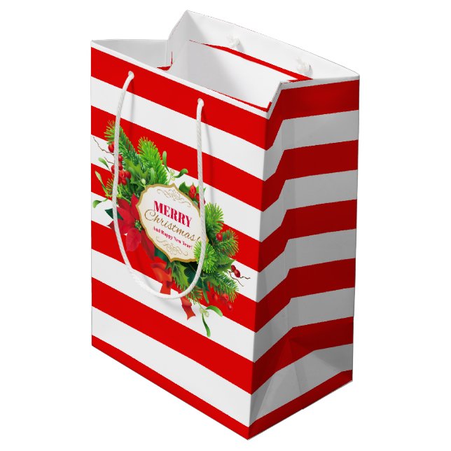 Mediana Bolsa de regalo rayada de rojo de Navidad (Angulo reverso)
