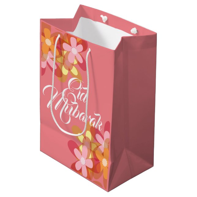 Mediana Bolsa de regalo rosa y floral Eid Mubarak (Angulo Anverso)