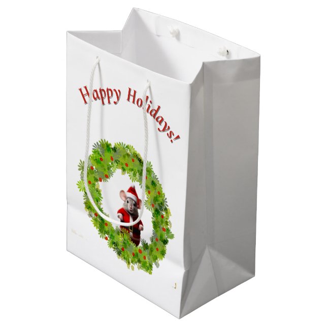 Mediana Bolsa de regalo - Santa Mouse en flor (Angulo Anverso)