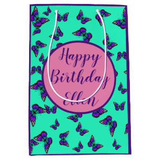 Mediana Bolsa de regalo turquesa con mariposas púrpuras