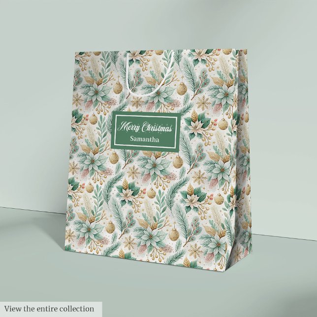 Mediana Bolsa de regalo verde elegante y chic para Navidad (Dill Green Gift Bag Elegant Christmas Floral Accent)