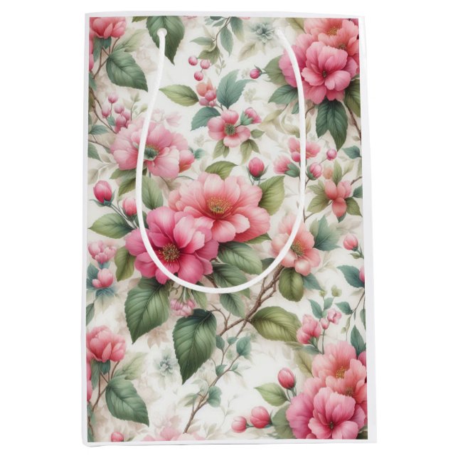 Mediana Patrón de flores rosadas Bolsa de regalo media (Anverso)